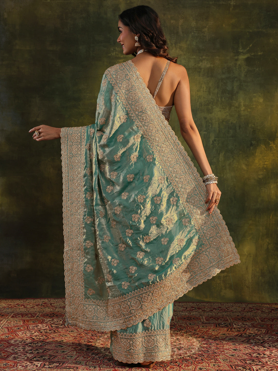 Libas Art Blue Embellished Tissue Saree With Unstitched Blouse Piece 
