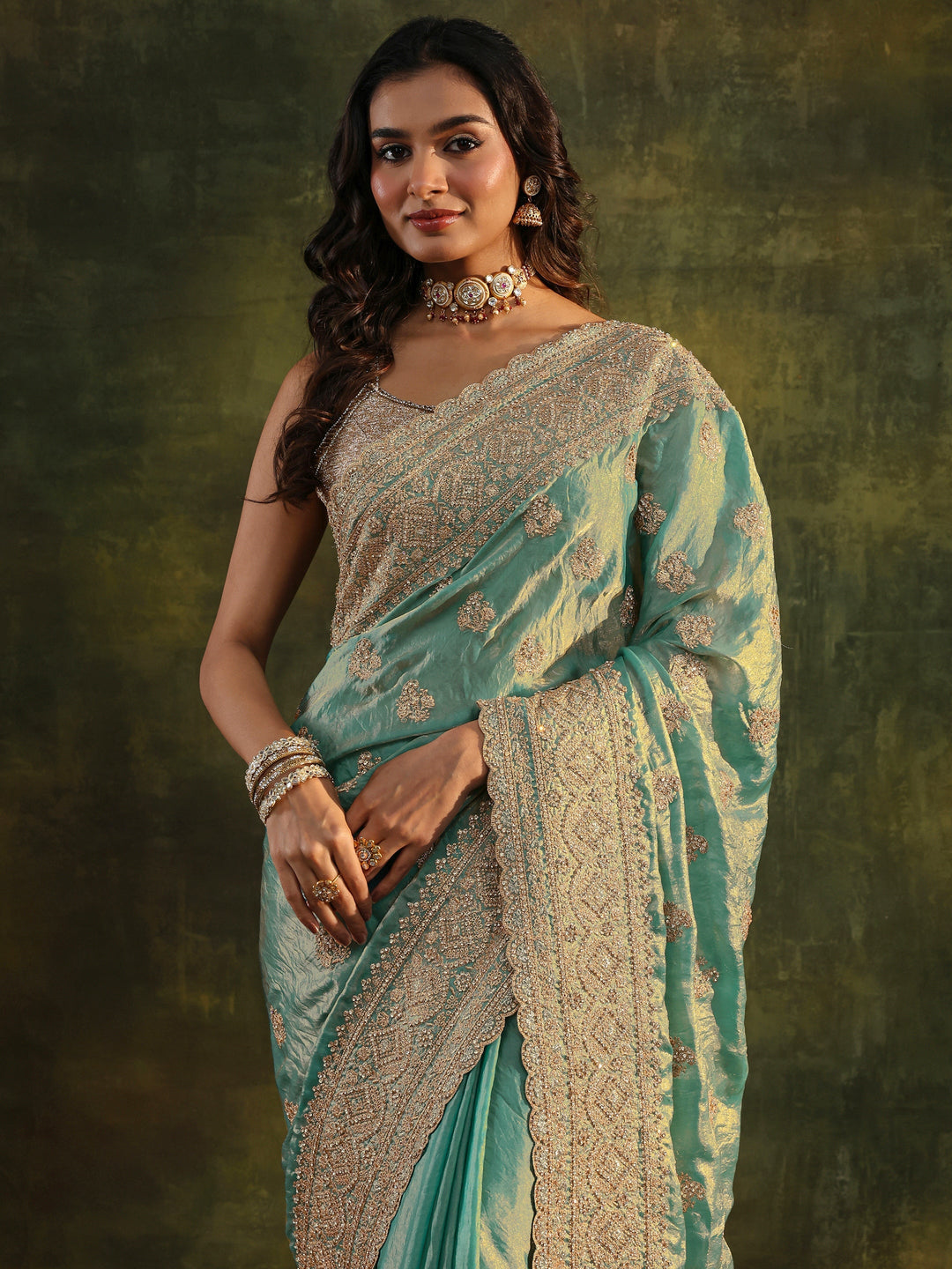  Libas Art Blue Embellished Tissue Saree With Unstitched Blouse Piece 