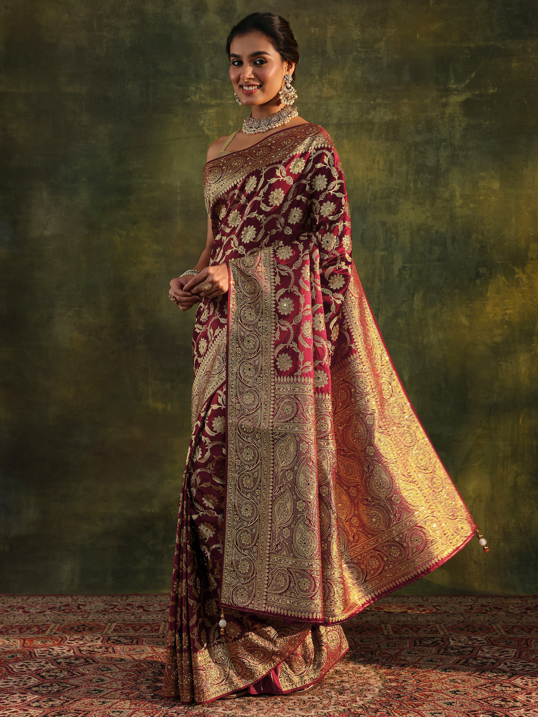  Libas Art Maroon Banarasi Silk Blend Saree With Unstitched Blouse Piece 