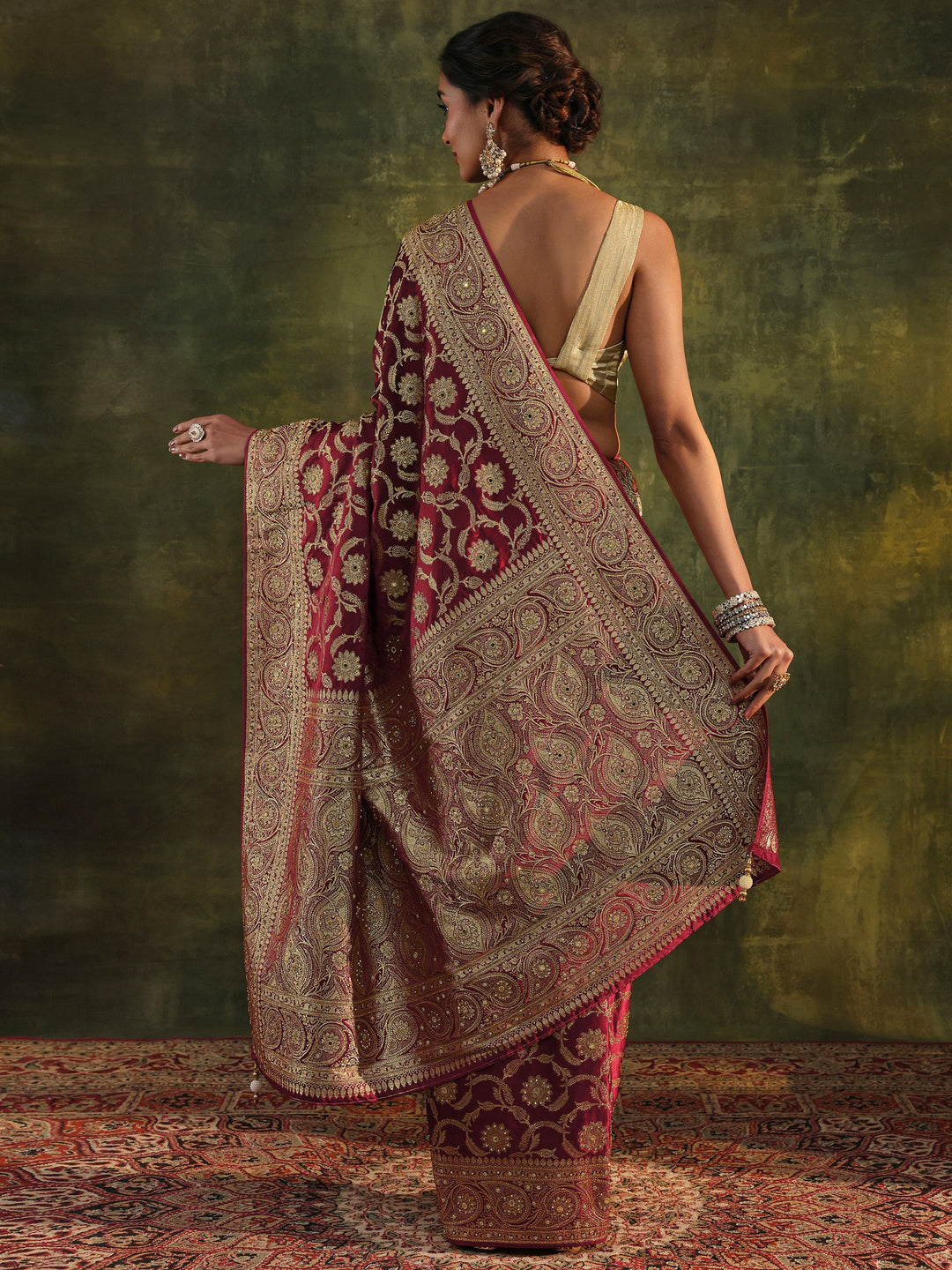  Libas Art Maroon Banarasi Silk Blend Saree With Unstitched Blouse Piece 