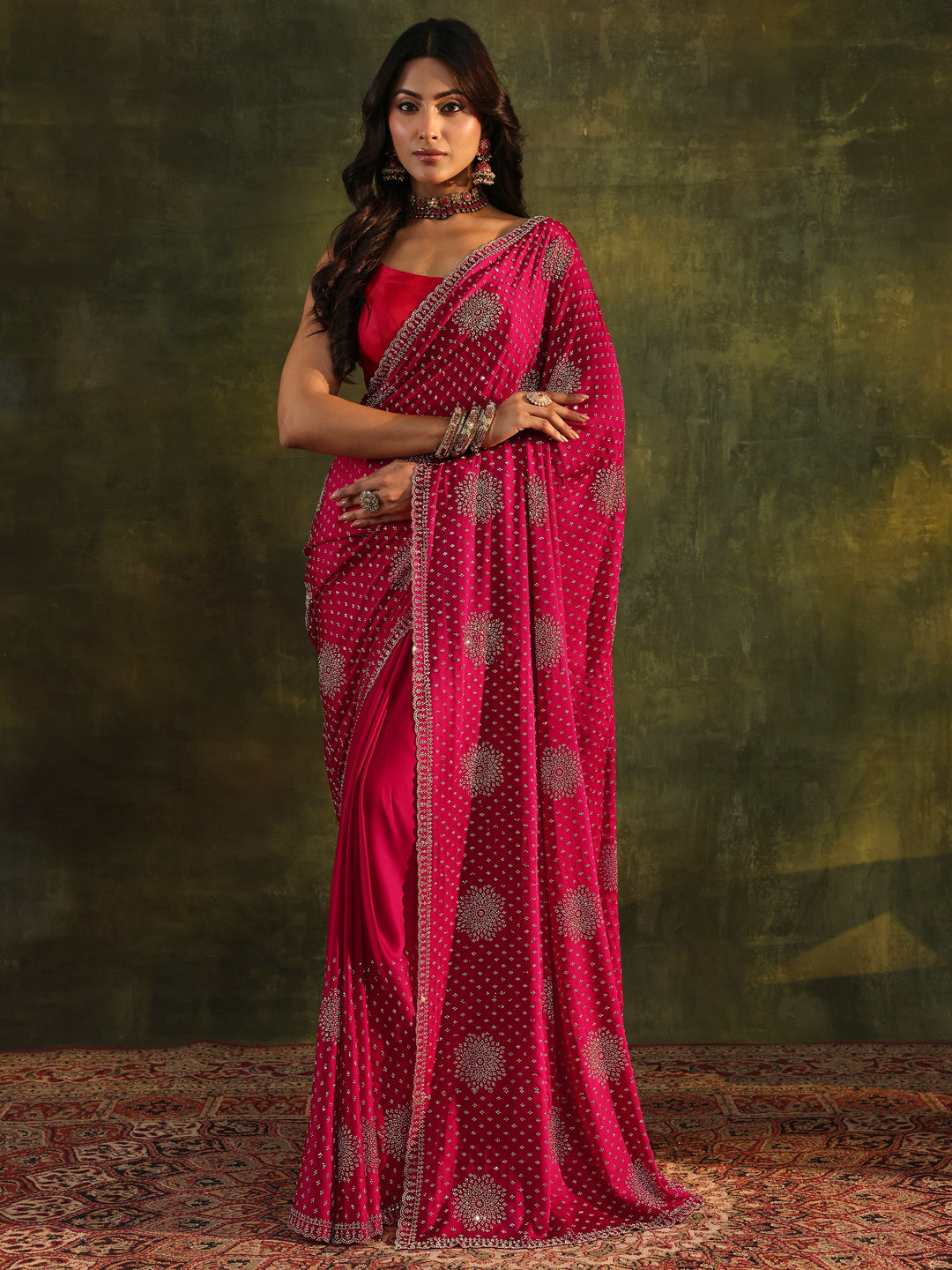  Libas Art Pink Embellished Satin Saree With Unstitched Blouse Piece 