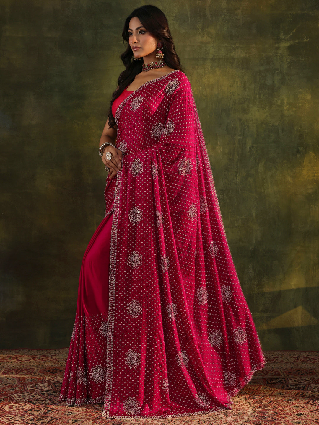  Libas Art Pink Embellished Satin Saree With Unstitched Blouse Piece 