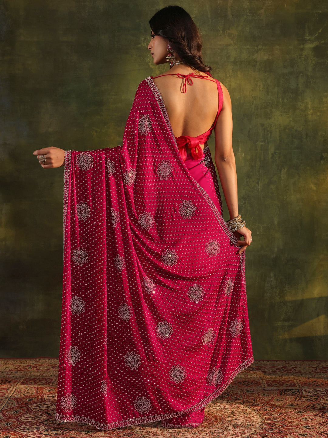  Libas Art Pink Embellished Satin Saree With Unstitched Blouse Piece 