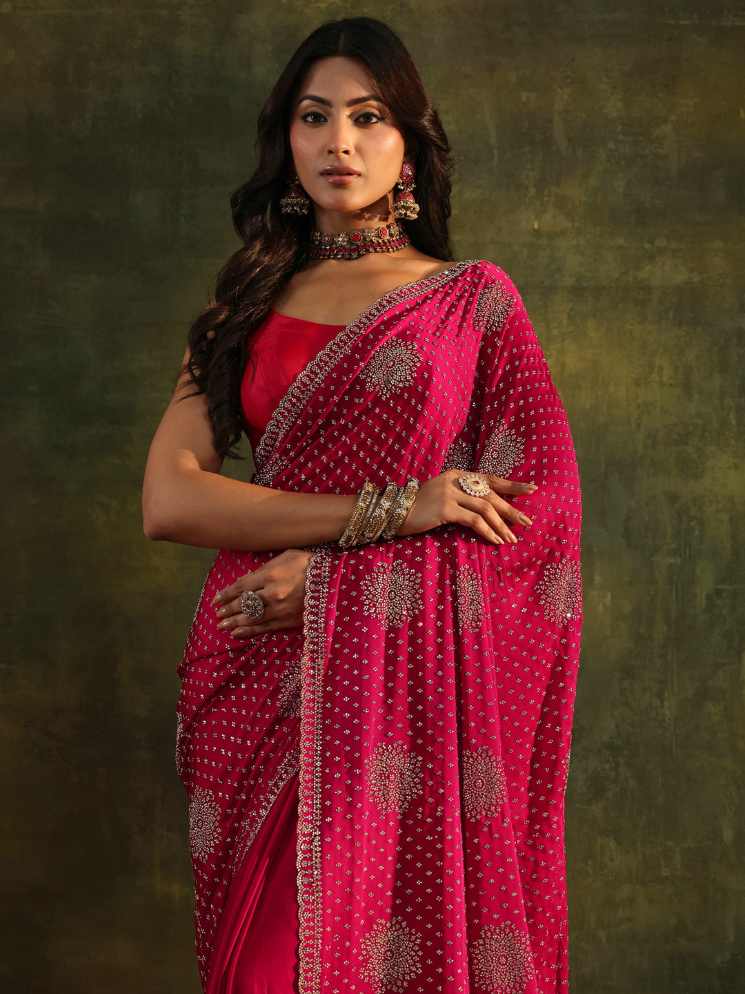  Libas Art Pink Embellished Satin Saree With Unstitched Blouse Piece 