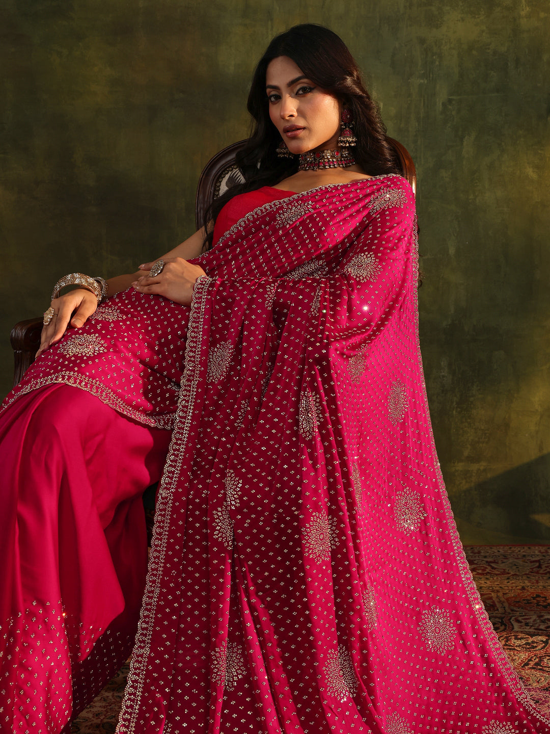  Libas Art Pink Embellished Satin Saree With Unstitched Blouse Piece 