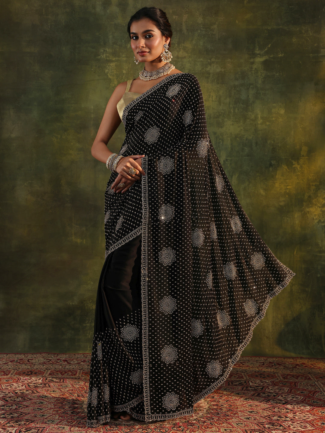  Libas Art Black Floral Embellished Satin Saree With Unstitched Blouse Piece 