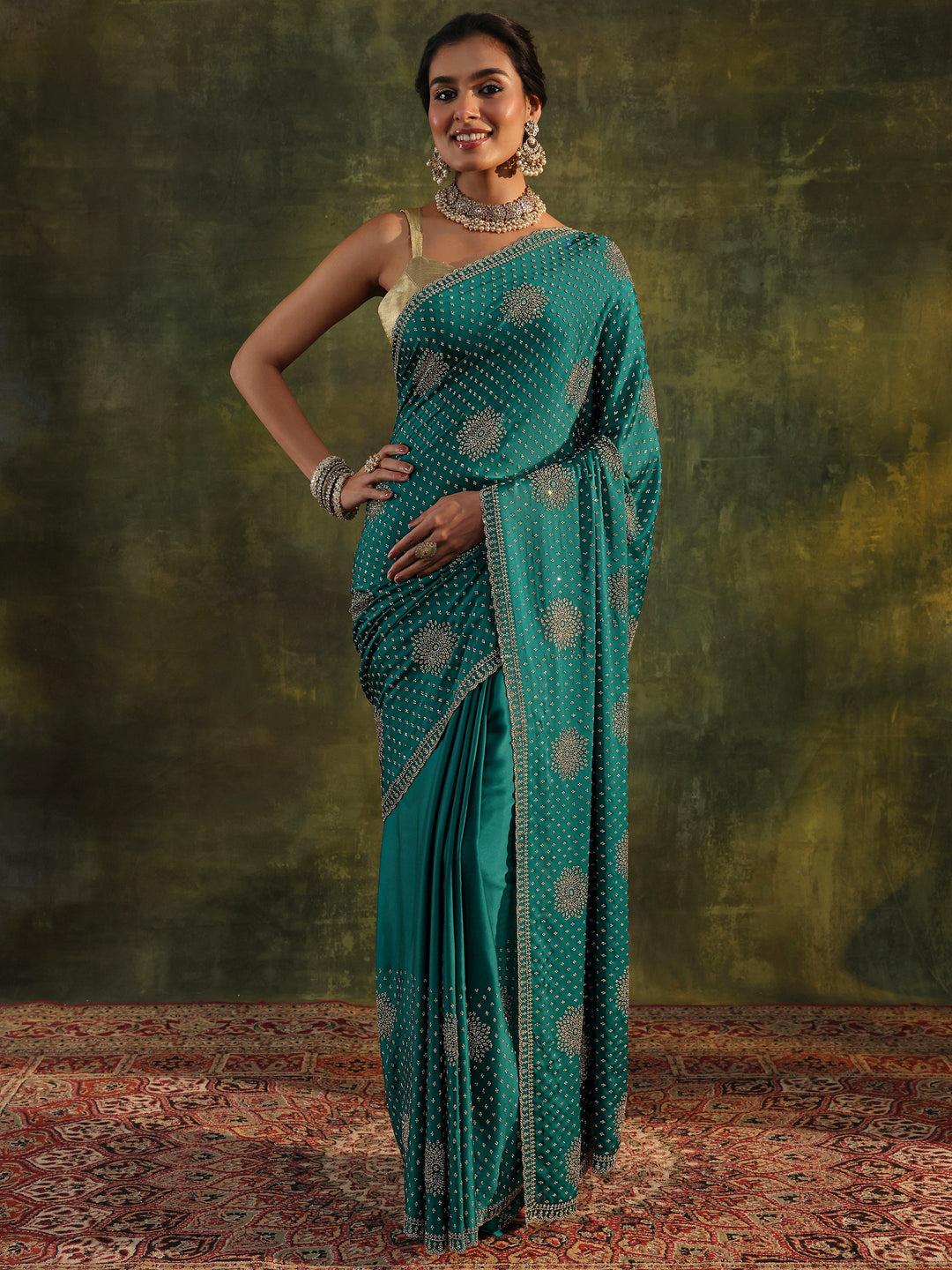  Libas Art Teal Floral Embellished Satin Saree With Unstitched Blouse Piece 