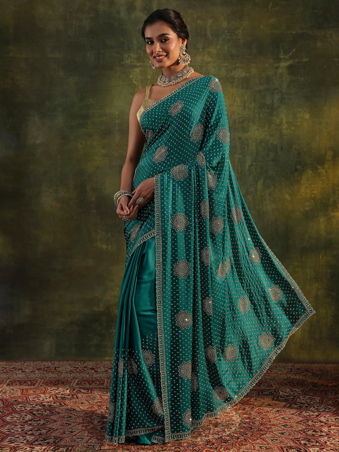  Libas Art Teal Floral Embellished Satin Saree With Unstitched Blouse Piece 