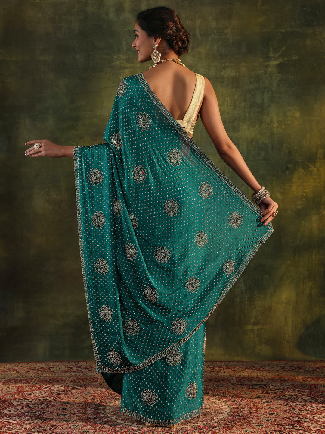  Libas Art Teal Floral Embellished Satin Saree With Unstitched Blouse Piece 