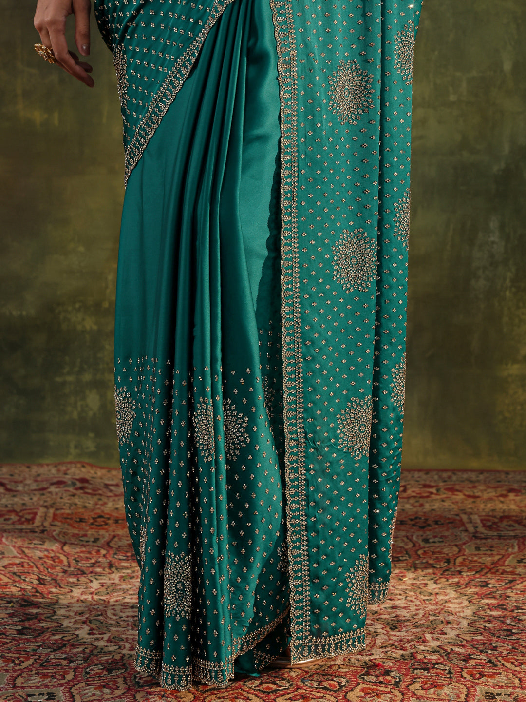  Libas Art Teal Floral Embellished Satin Saree With Unstitched Blouse Piece 