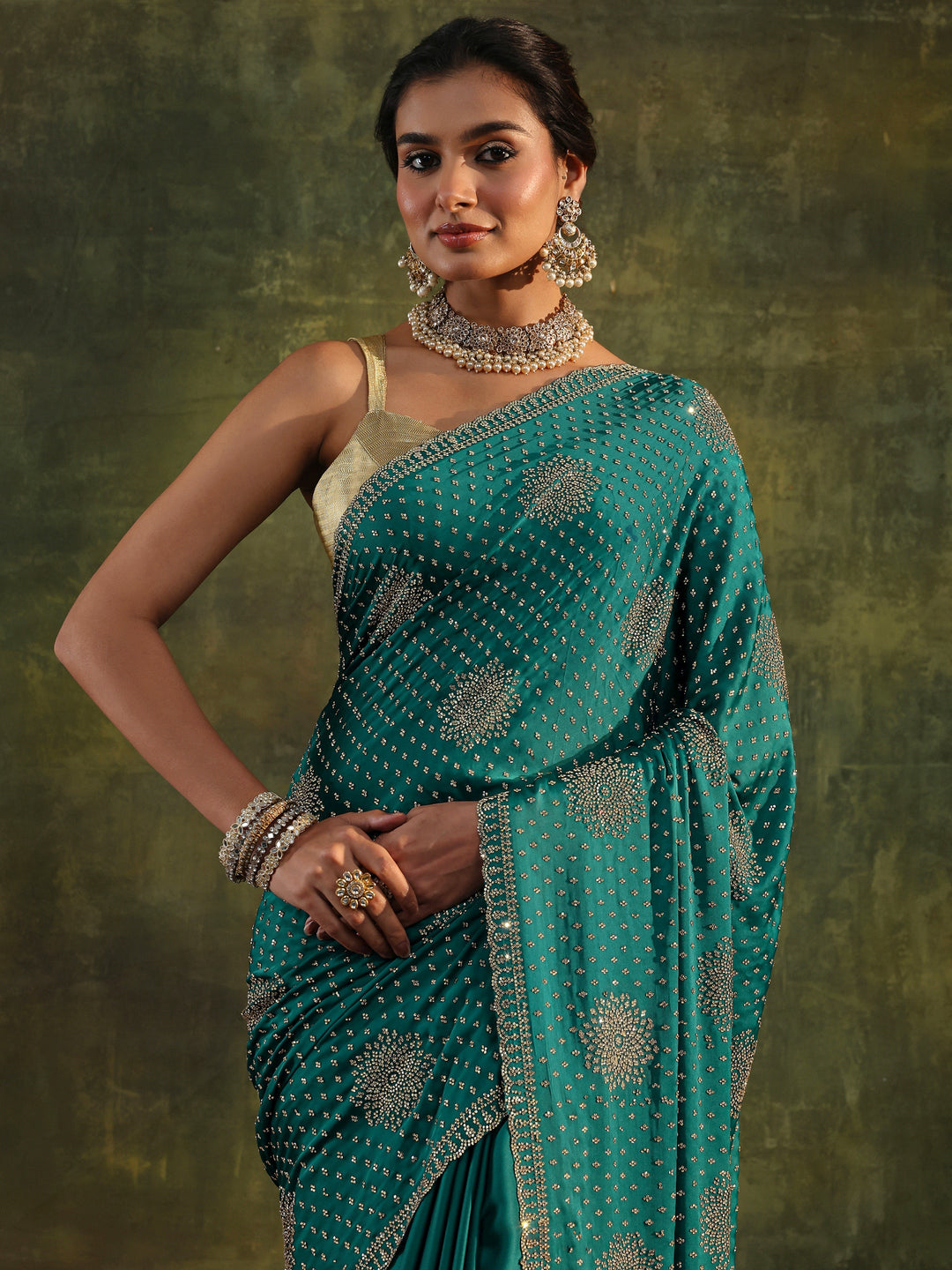  Libas Art Teal Floral Embellished Satin Saree With Unstitched Blouse Piece 