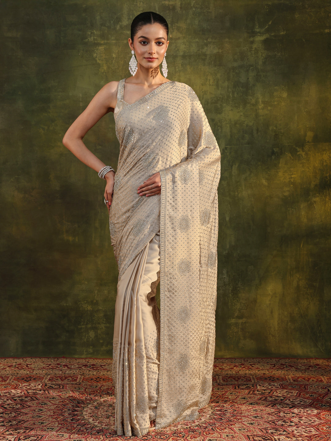  Libas Art Ivory Embellished Satin Saree With Unstitched Blouse Piece 