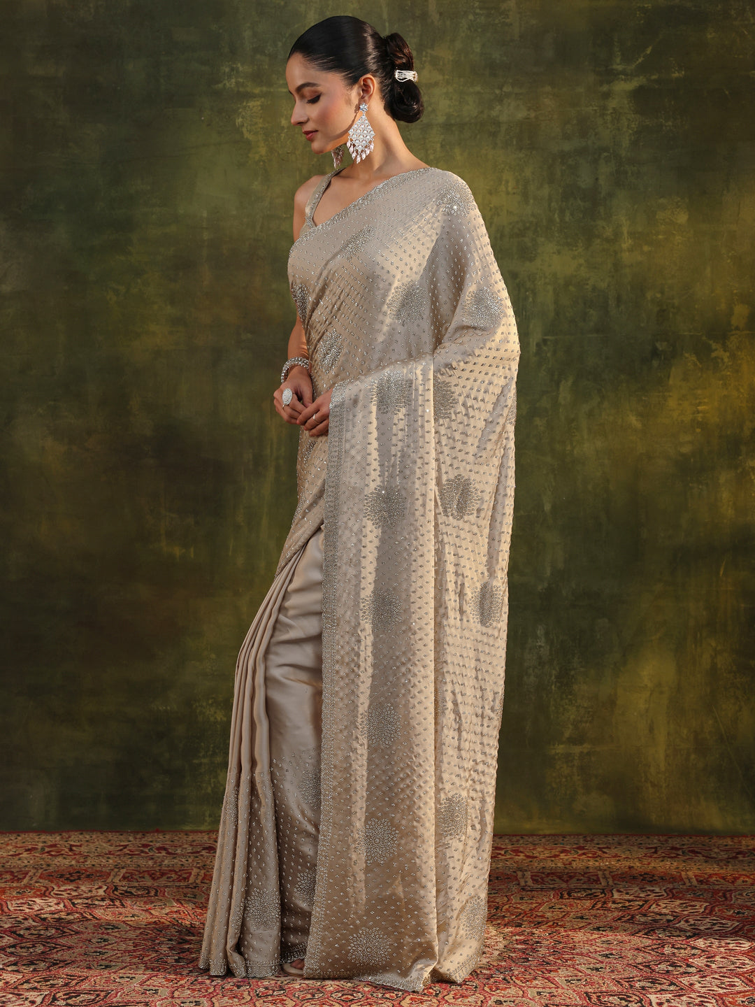  Libas Art Ivory Embellished Satin Saree With Unstitched Blouse Piece 