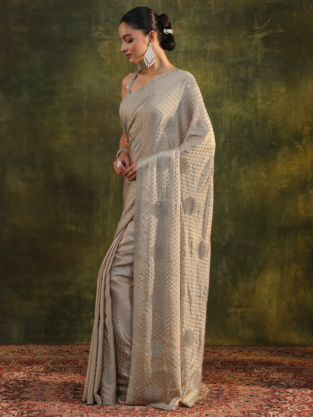  Libas Art Ivory Embellished Satin Saree With Unstitched Blouse Piece 