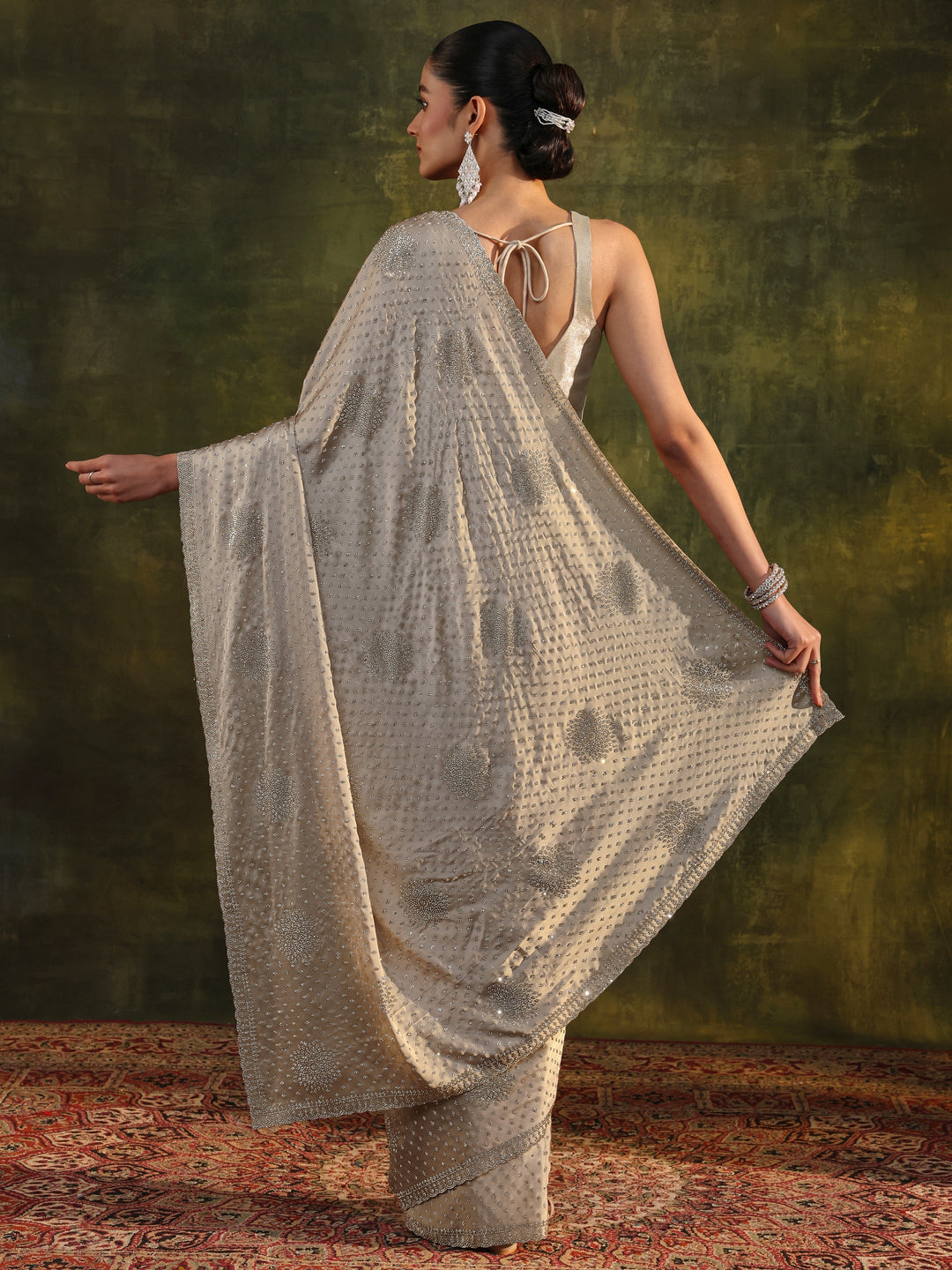  Libas Art Ivory Embellished Satin Saree With Unstitched Blouse Piece 