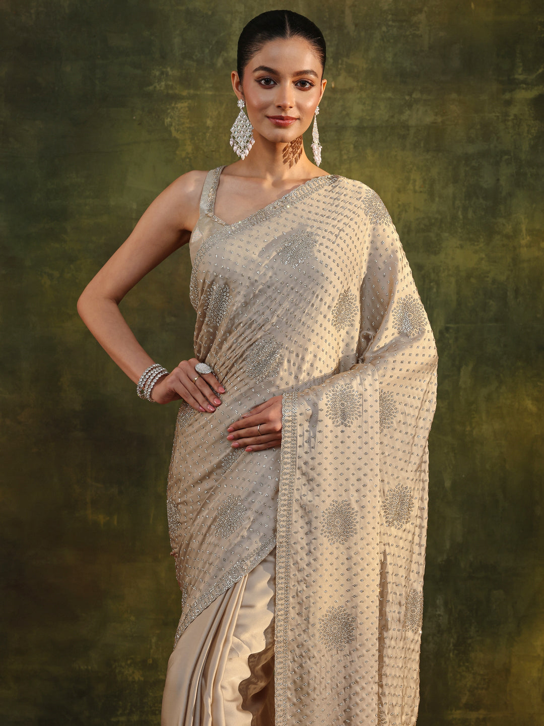  Libas Art Ivory Embellished Satin Saree With Unstitched Blouse Piece 