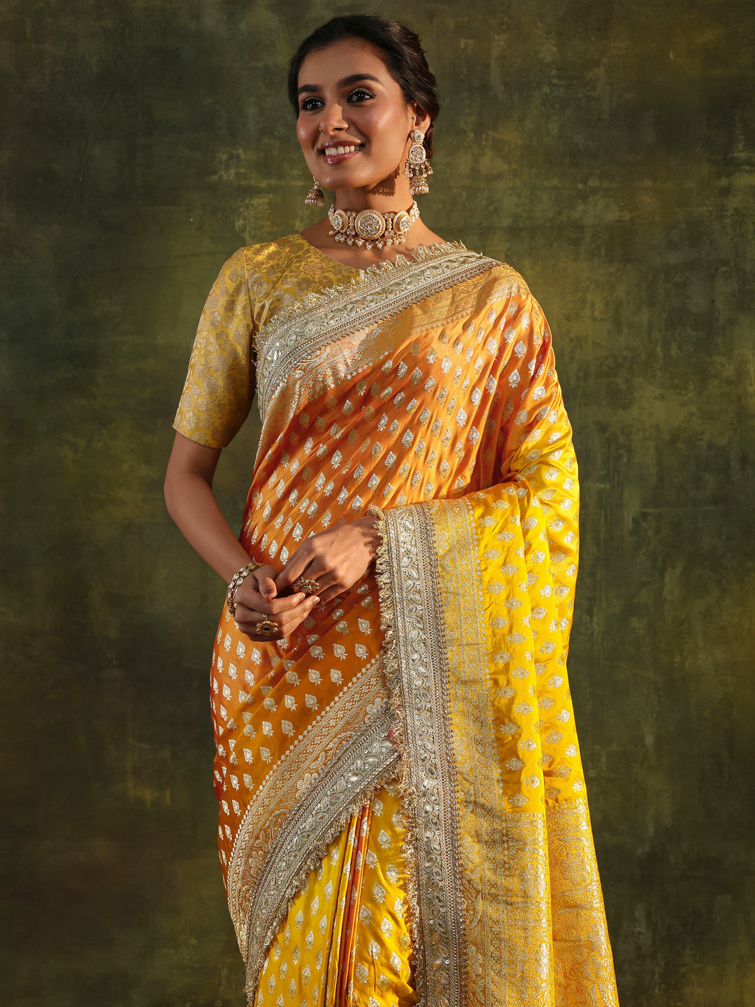  Libas Art Mustard Embellished Woven Design Silk Blend Saree With Unstitched Blouse Piece 