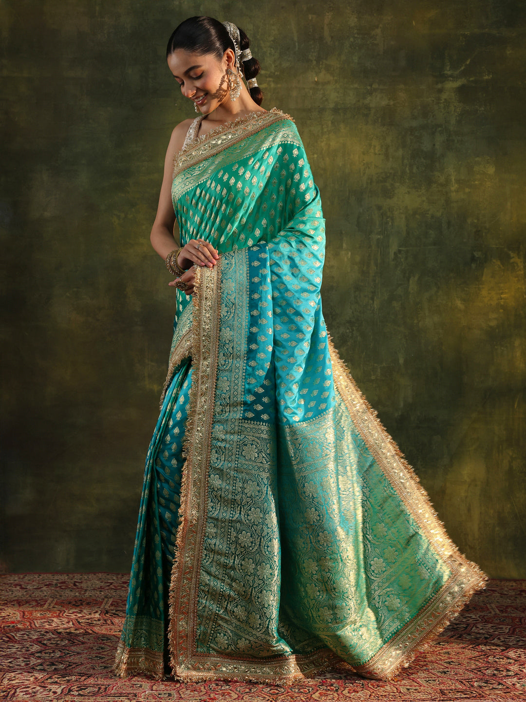  Libas Art Blue Woven Design Silk Blend Banarasi Saree With Unstitched Blouse Piece 