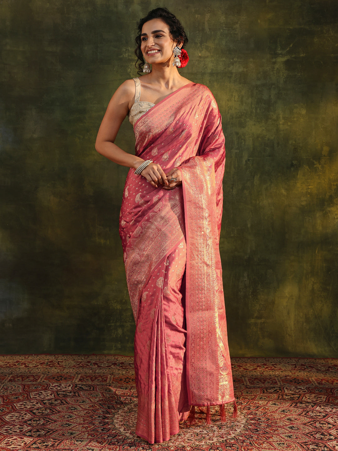  Peach Woven Design Satin Banarasi Saree With Unstitched Blouse Piece 