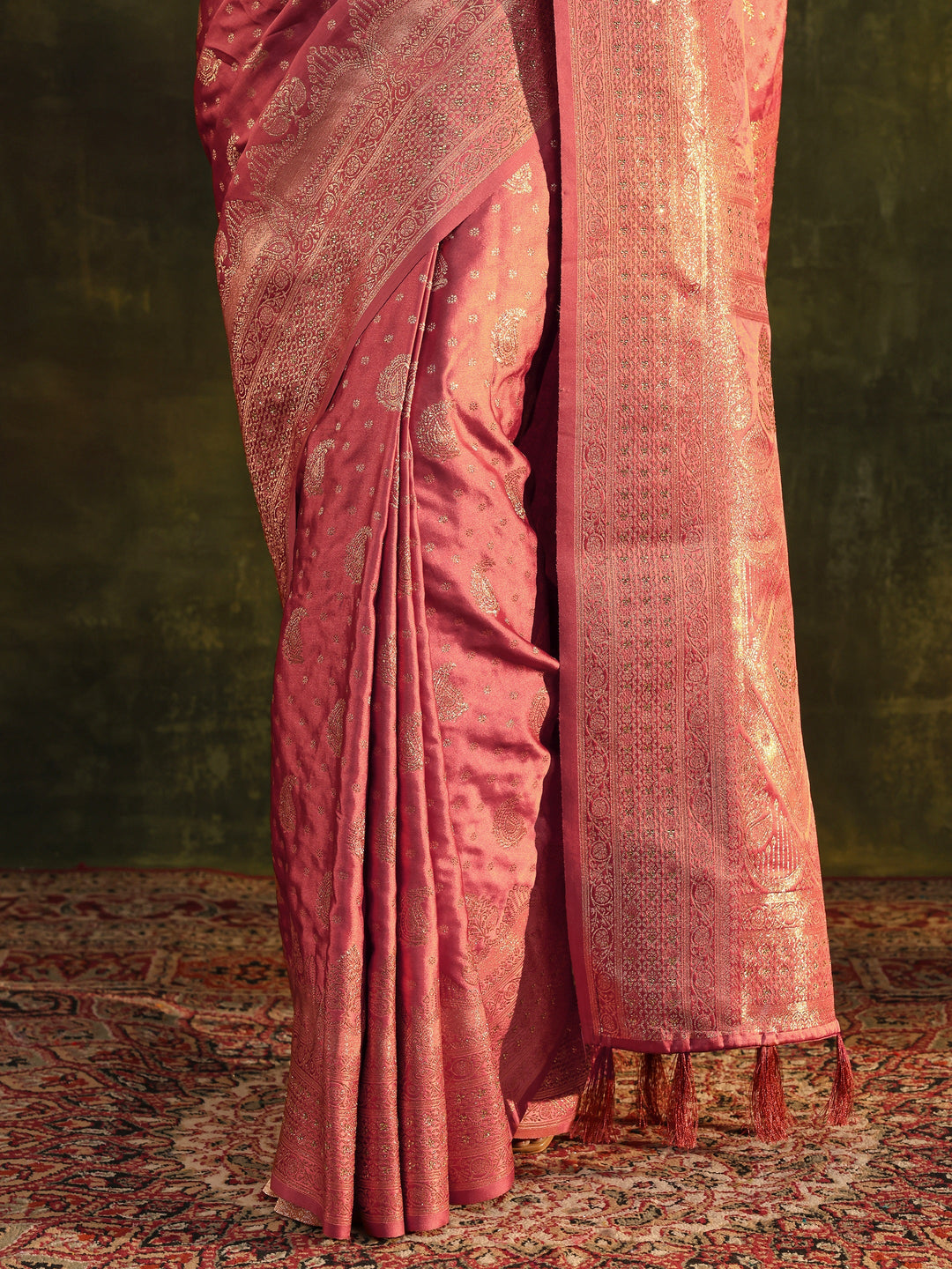  Peach Woven Design Satin Banarasi Saree With Unstitched Blouse Piece 