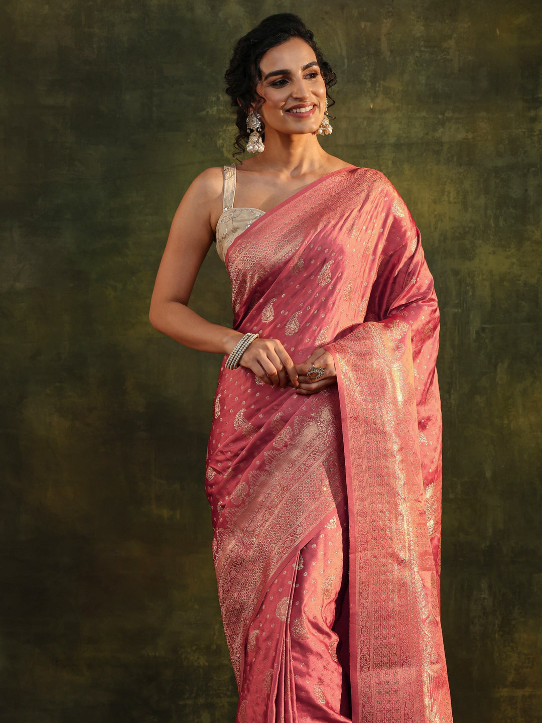  Peach Woven Design Satin Banarasi Saree With Unstitched Blouse Piece 