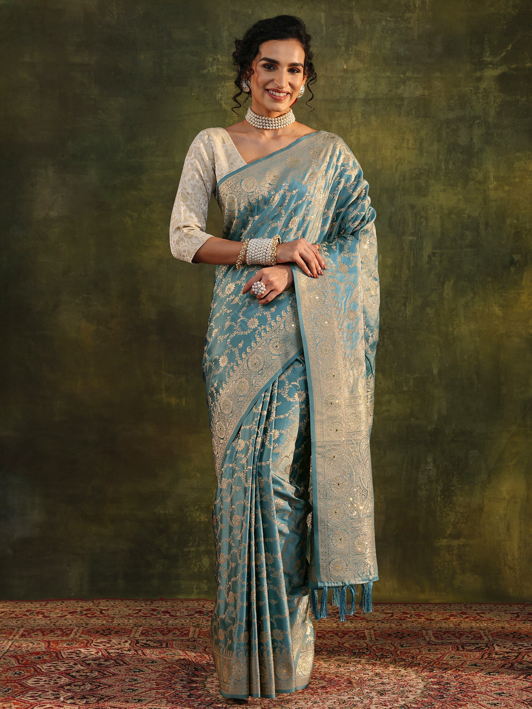  Libas Blue Woven Design Satin Banarasi Saree With Unstitched Blouse Piece 