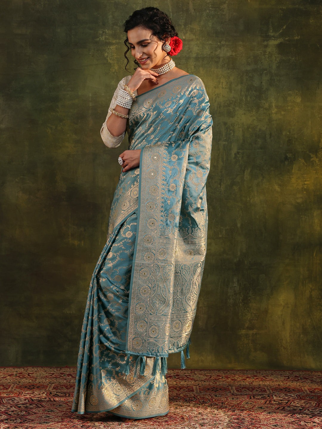  Blue Woven Design Satin Banarasi Saree With Unstitched Blouse Piece 