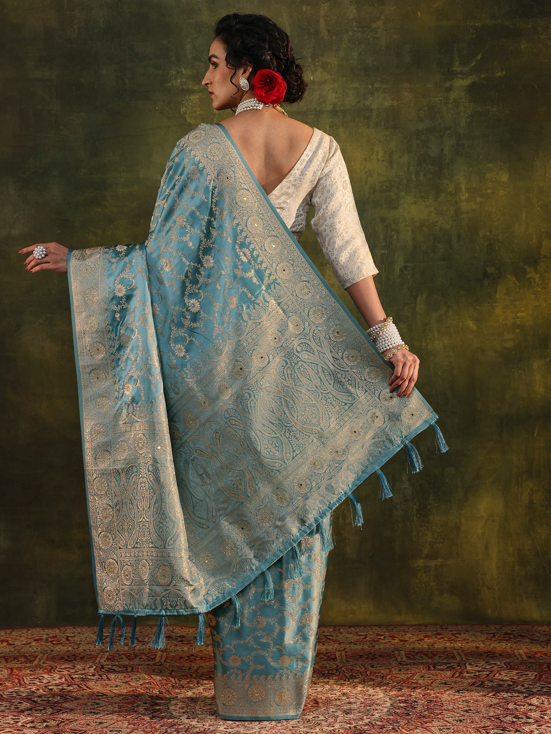  Libas Blue Woven Design Satin Banarasi Saree With Unstitched Blouse Piece 