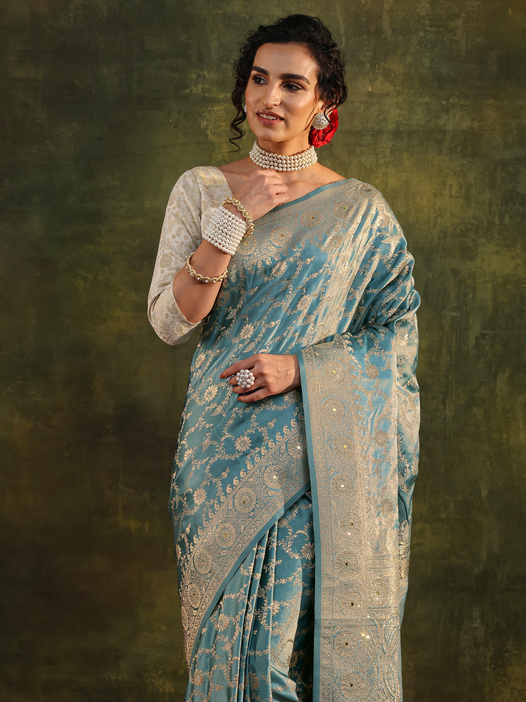 Libas Blue Woven Design Satin Banarasi Saree With Unstitched Blouse Piece 