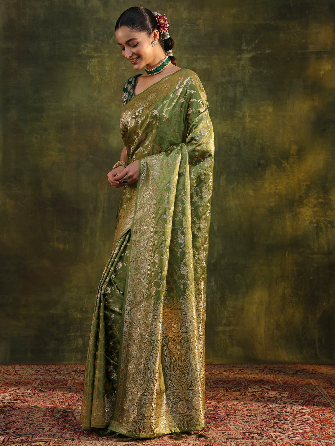  Green Woven Design Satin Banarasi Saree With Unstitched Blouse Piece 