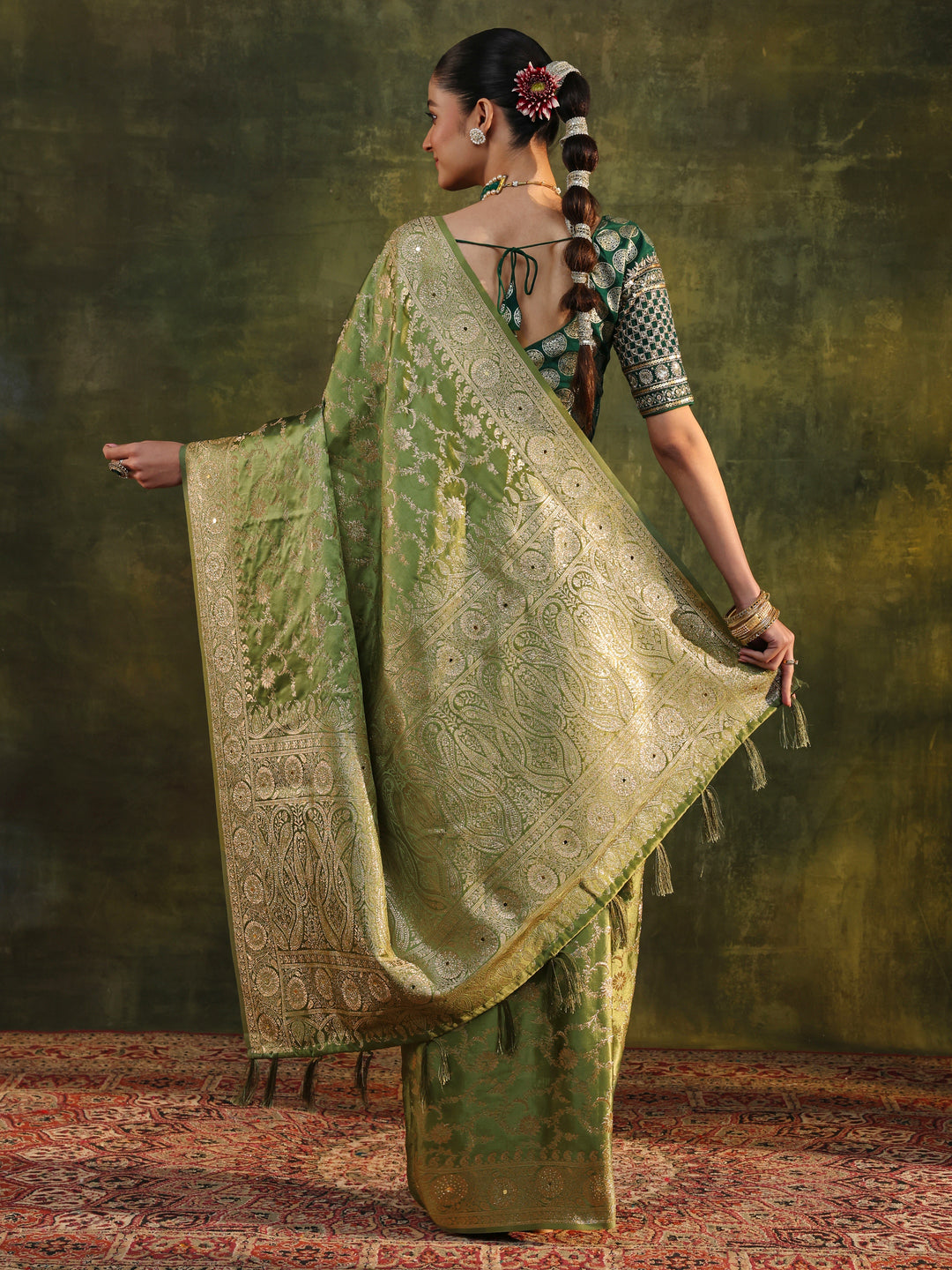  Green Woven Design Satin Banarasi Saree With Unstitched Blouse Piece 