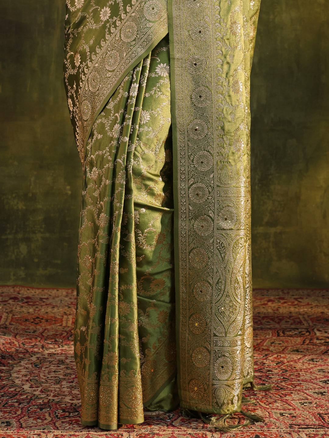  Green Woven Design Satin Banarasi Saree With Unstitched Blouse Piece 