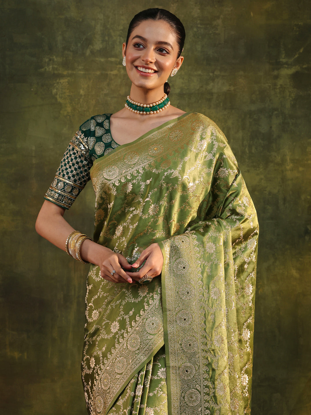  Green Woven Design Satin Banarasi Saree With Unstitched Blouse Piece 