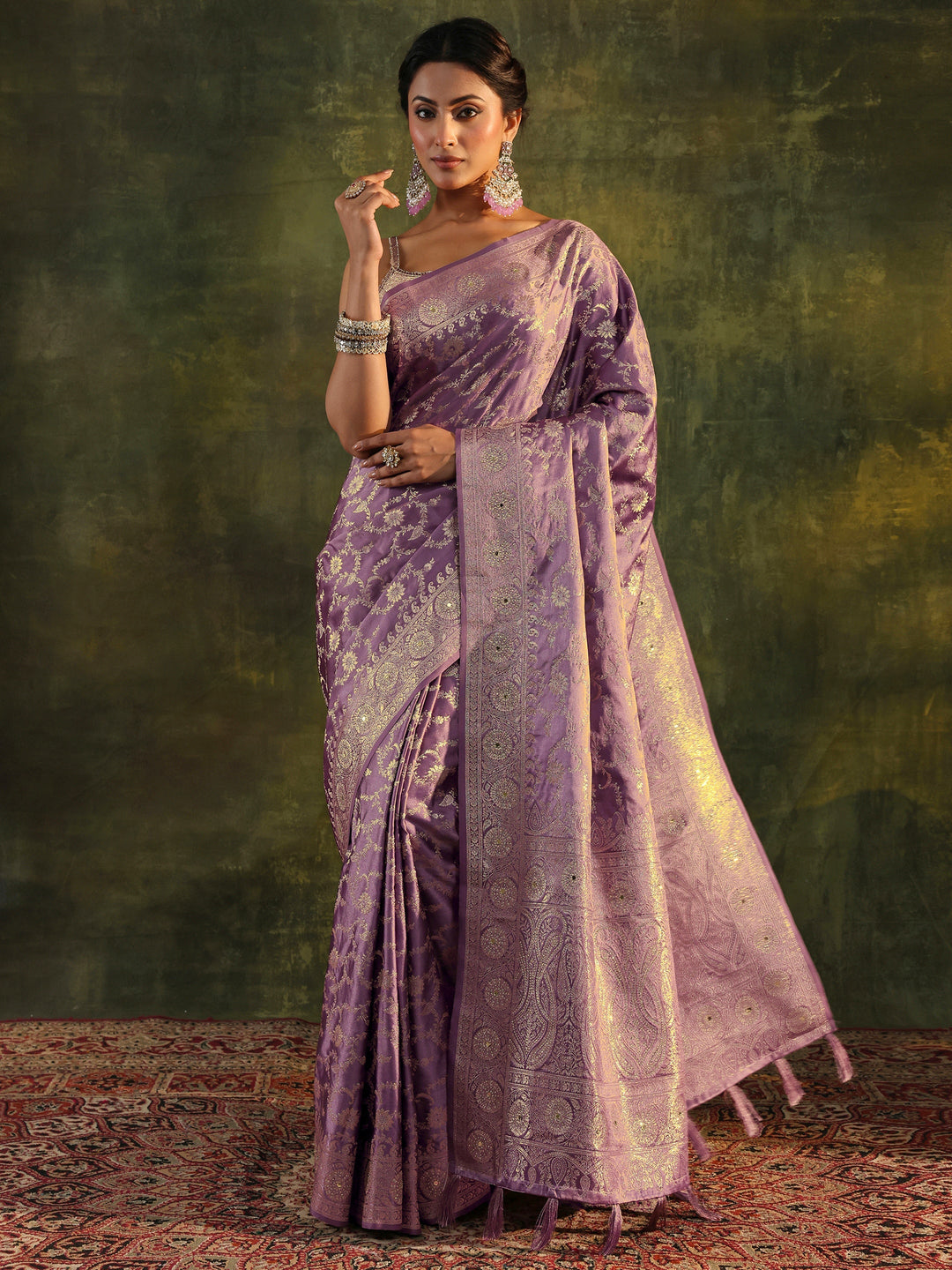  Libas Purple Banarasi Satin Saree With Unstitched Blouse Piece 