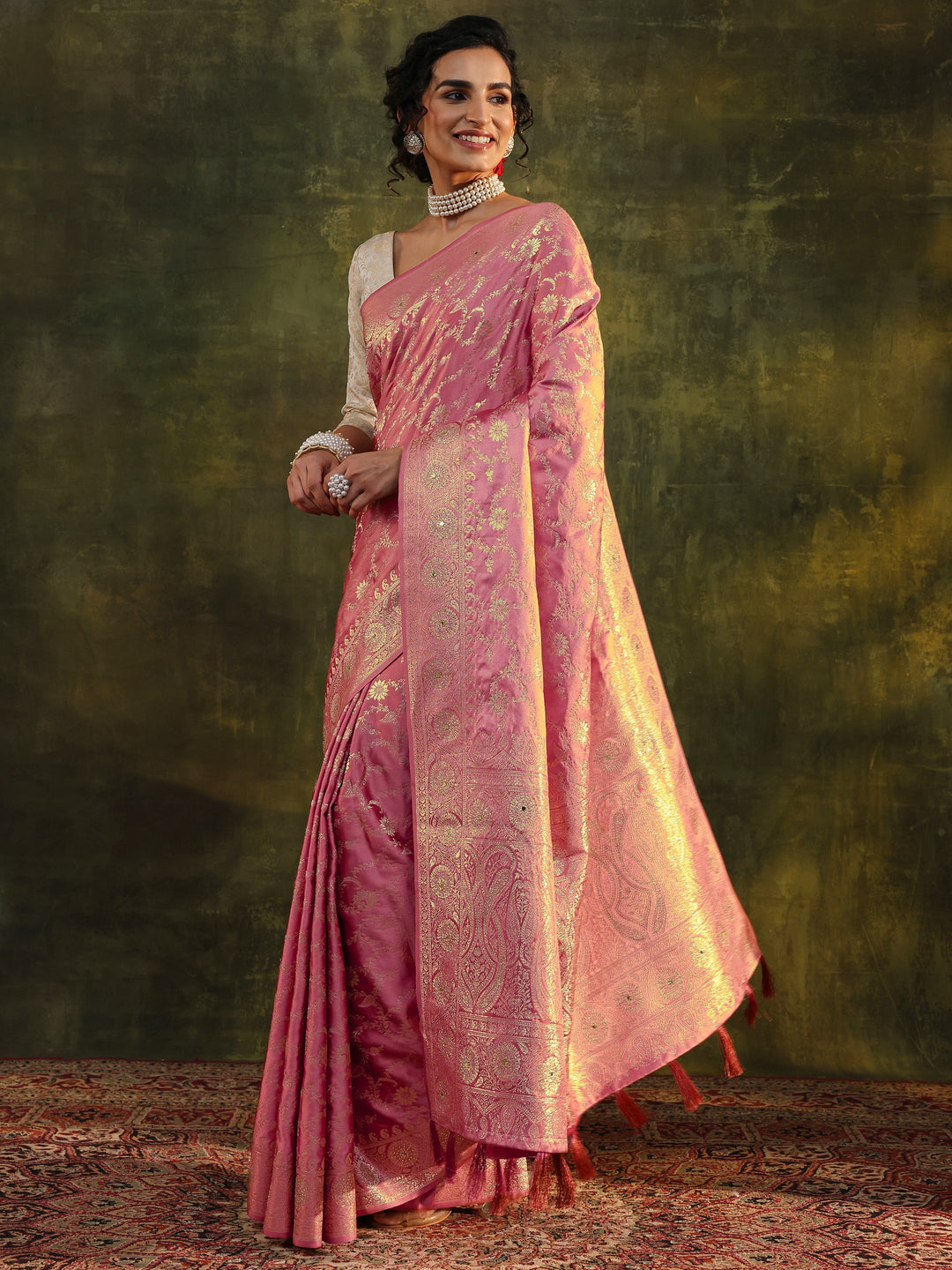  Libas Peach Woven Design Satin Banarasi Saree With Unstitched Blouse Piece 