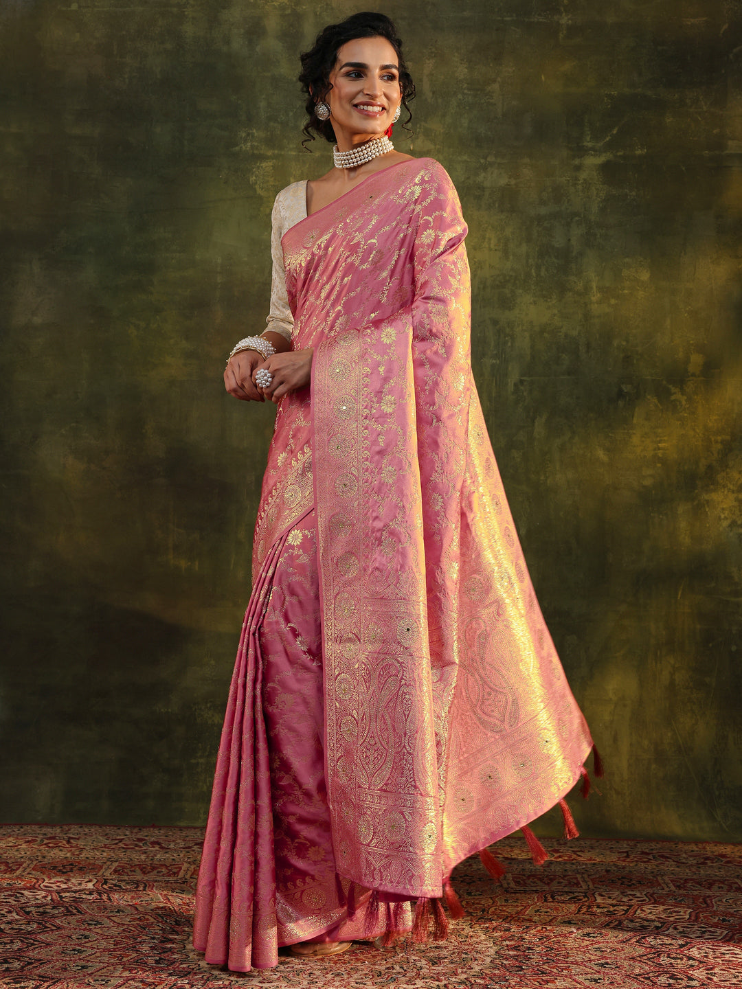  Peach Woven Design Satin Banarasi Saree With Unstitched Blouse Piece 