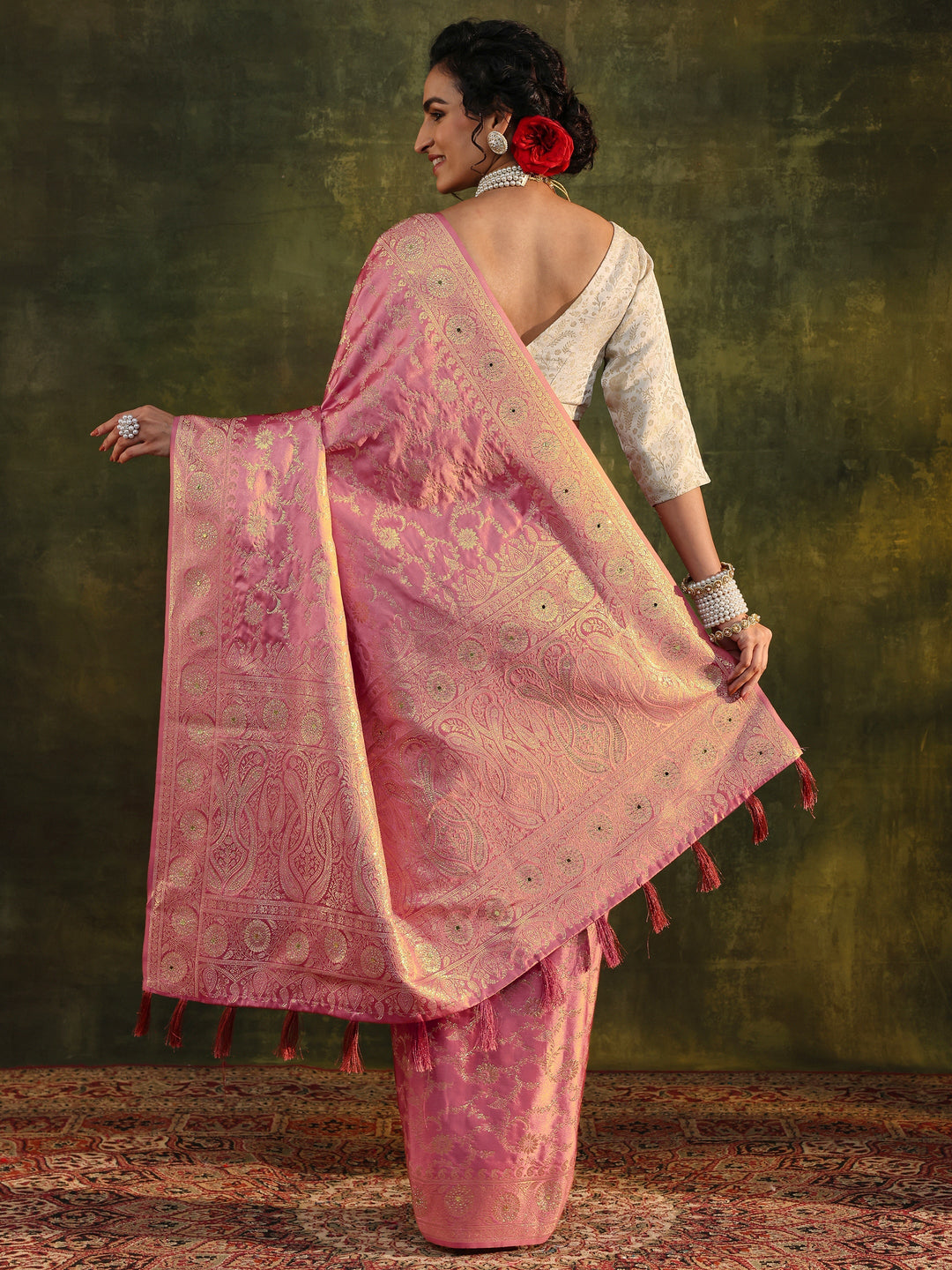  Libas Peach Woven Design Satin Banarasi Saree With Unstitched Blouse Piece 
