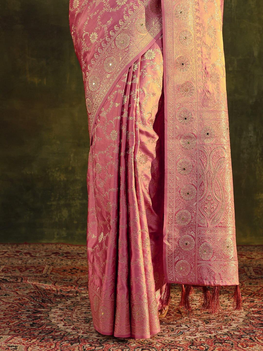  Libas Peach Woven Design Satin Banarasi Saree With Unstitched Blouse Piece 