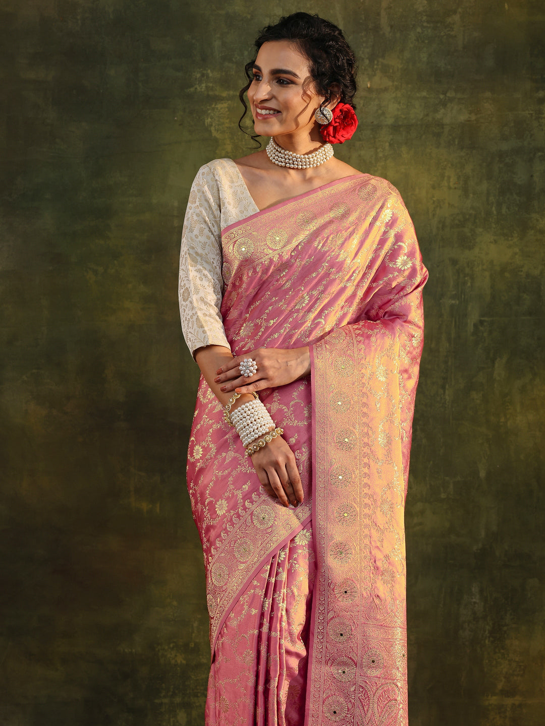  Libas Peach Woven Design Satin Banarasi Saree With Unstitched Blouse Piece 
