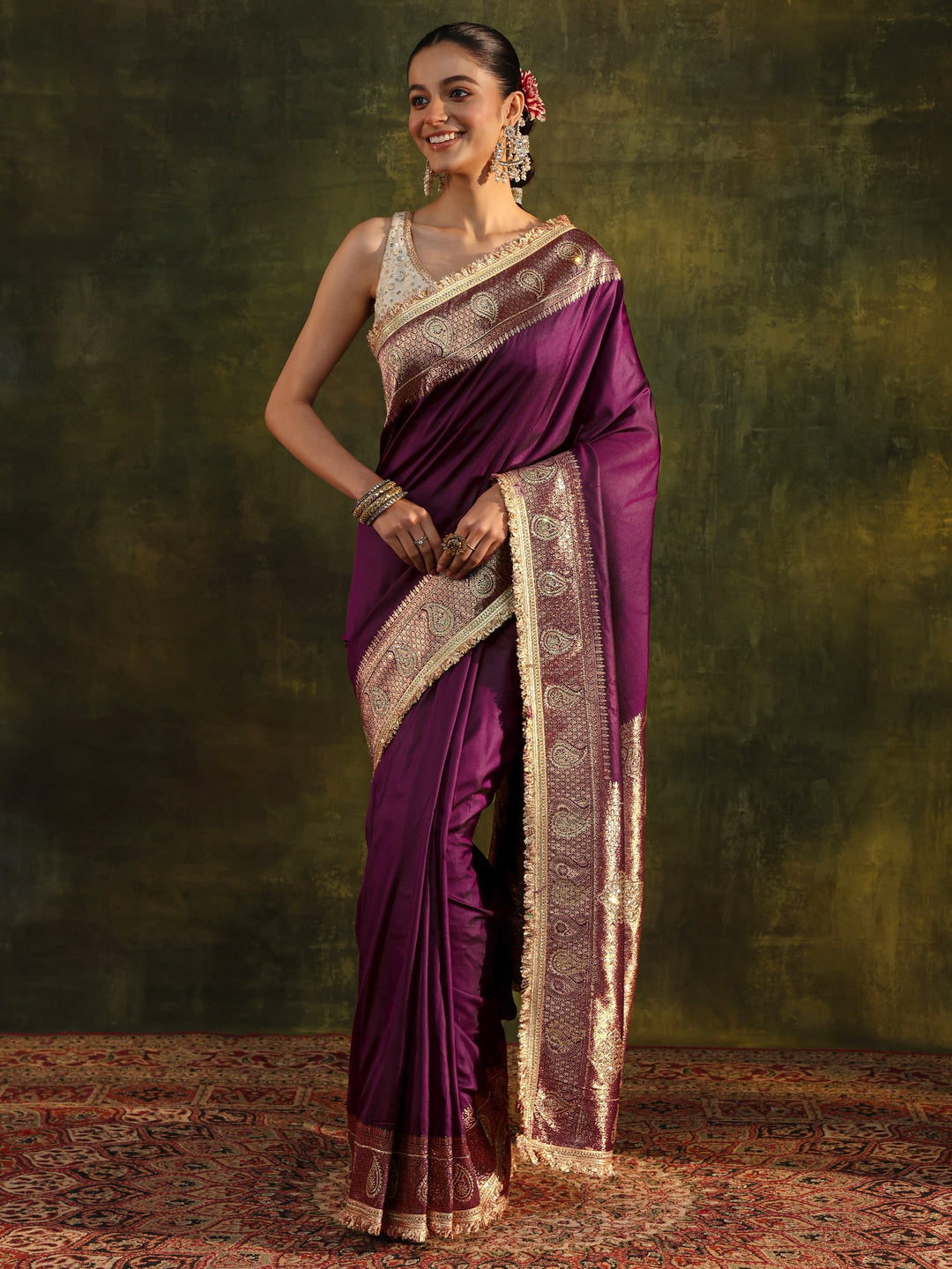  Burgundy Ethnic Silk Blend Saree With Unstitched Blouse Piece 