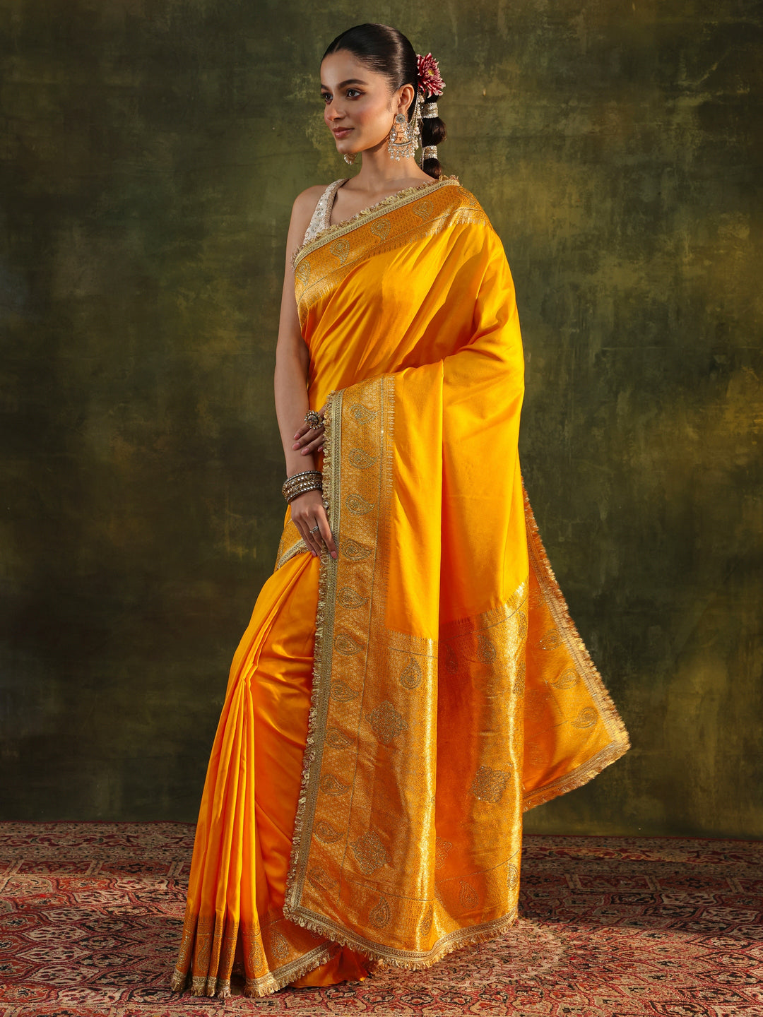  Mustard Ethnic Silk Blend Saree With Unstitched Blouse Piece 