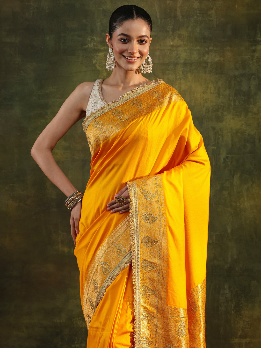  Mustard Ethnic Silk Blend Saree With Unstitched Blouse Piece 