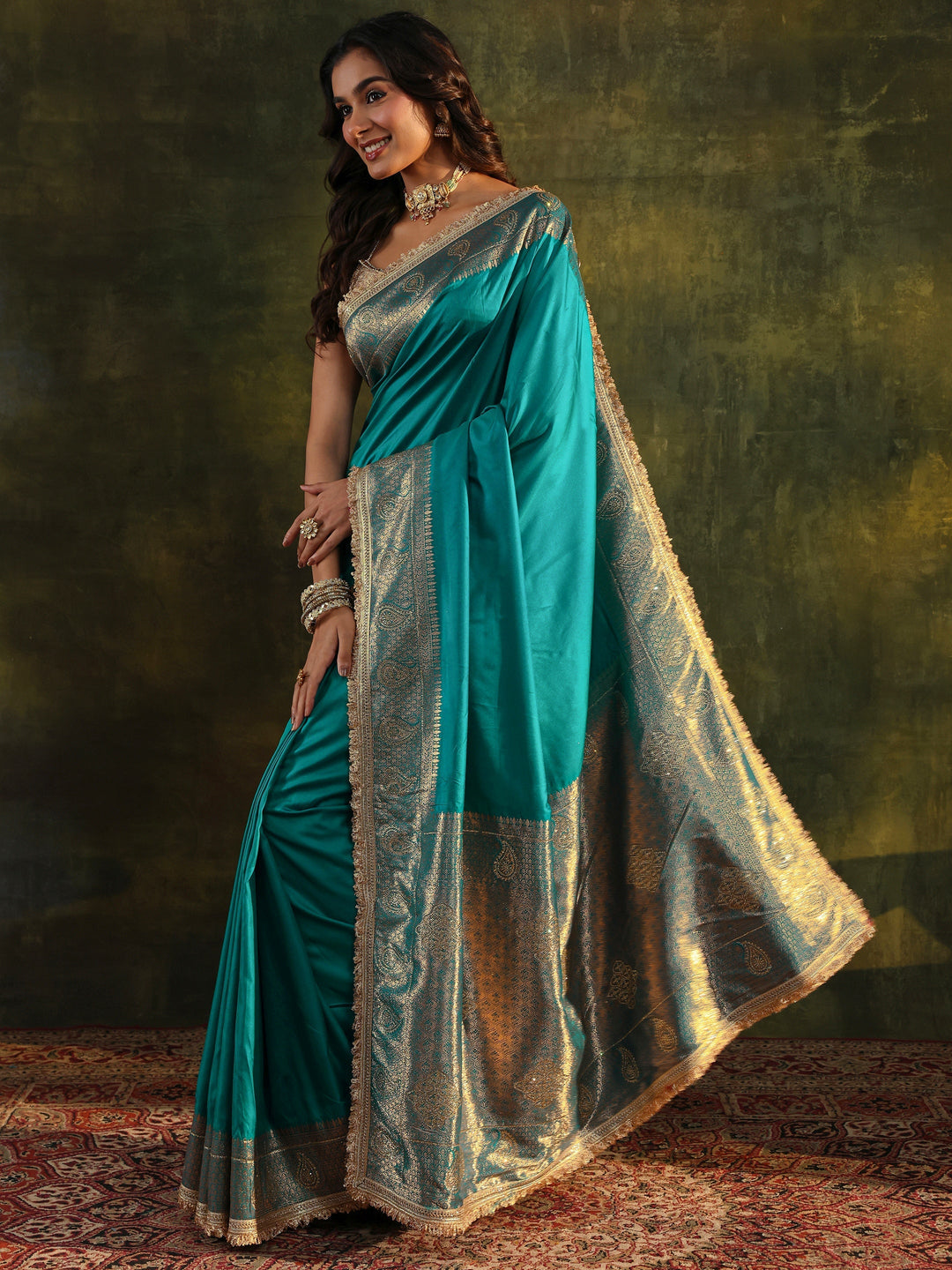  Libas Blue Embellished Silk Blend Saree With Unstitched Blouse Piece 