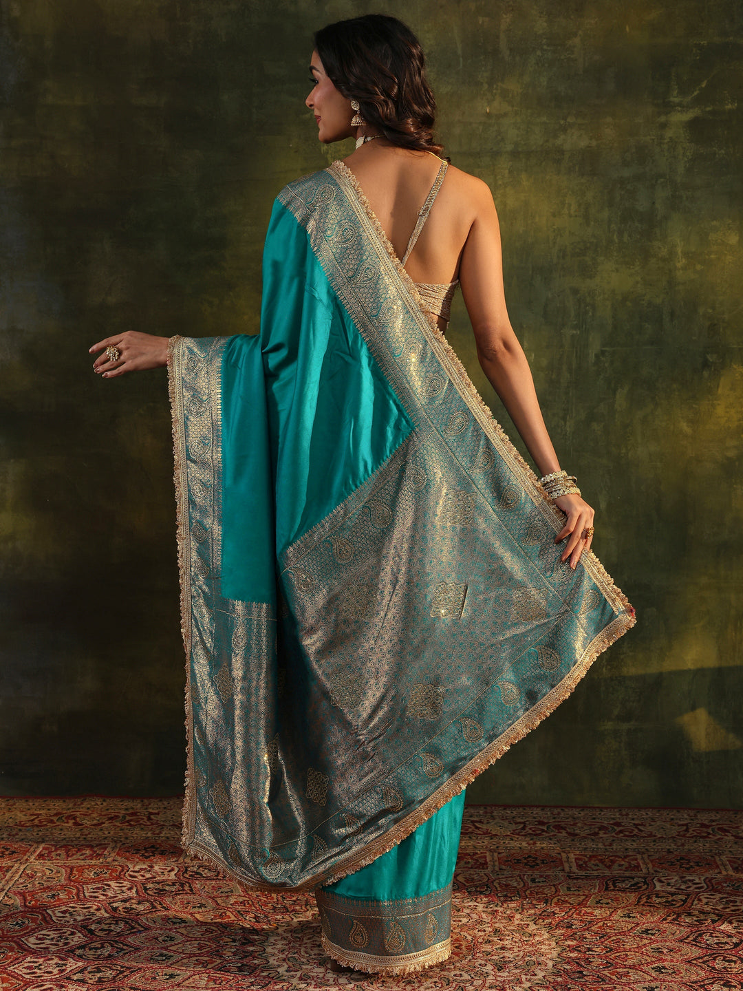  Libas Blue Embellished Silk Blend Saree With Unstitched Blouse Piece 
