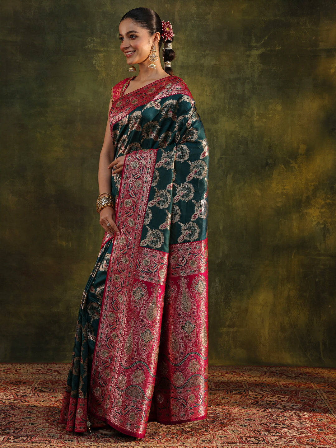  Teal Woven Design Silk Blend Banarasi Saree With Unstitched Blouse Piece 