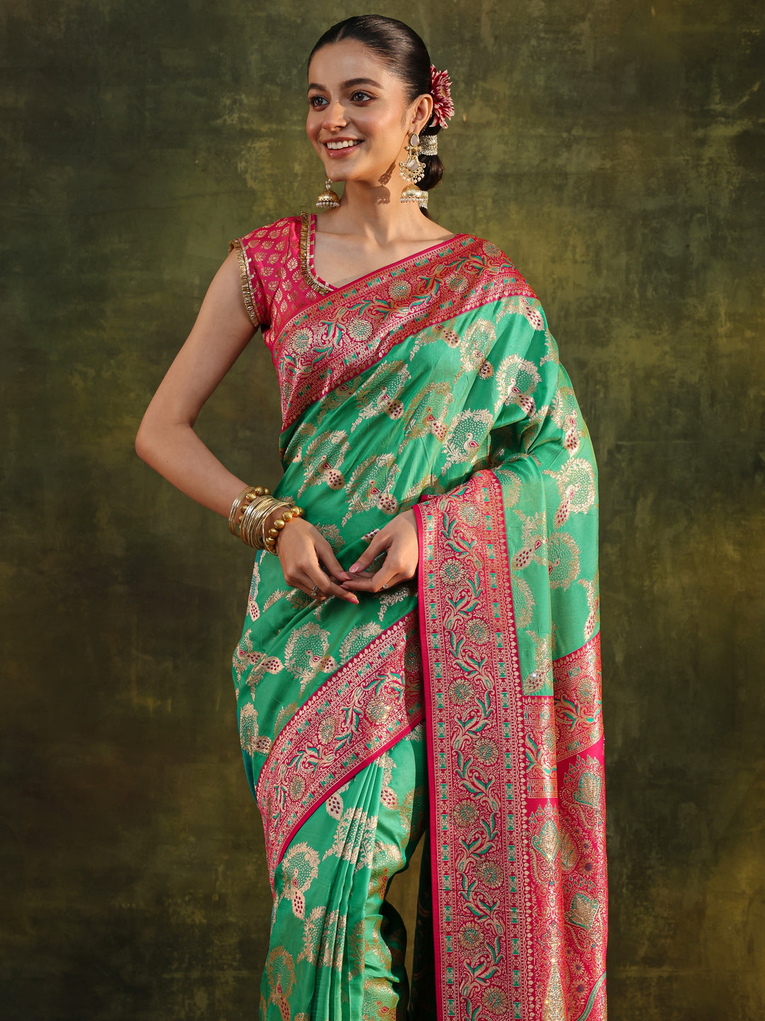 Green Woven Design Silk Blend Banarasi Saree With Unstitched Blouse Piece 