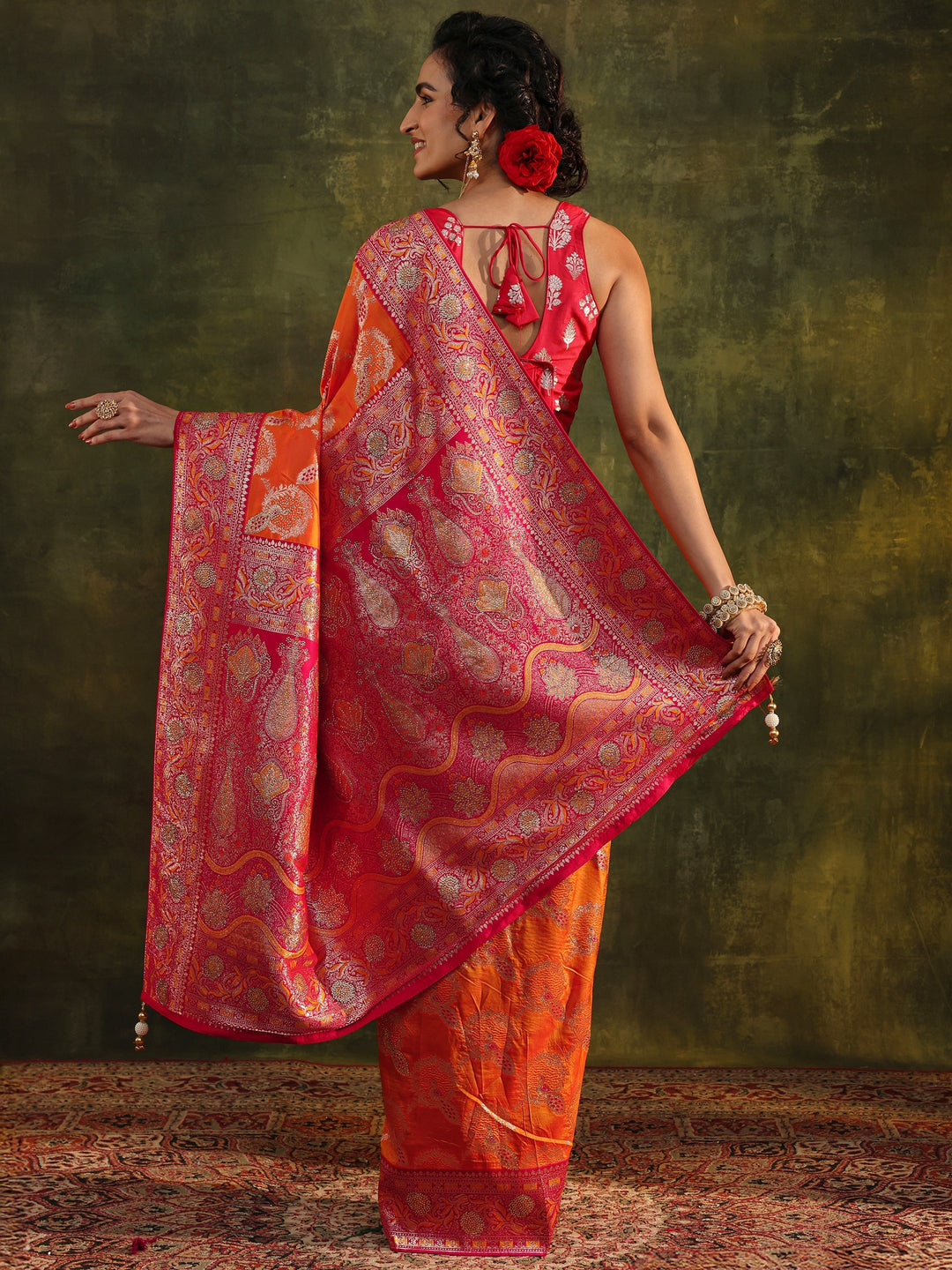  Libas Mustard Woven Design Silk Blend Banarasi Saree With Unstitched Blouse Piece 