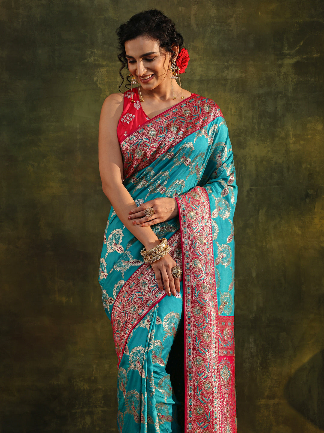  Blue Woven Design Silk Blend Banarasi Saree With Unstitched Blouse Piece 