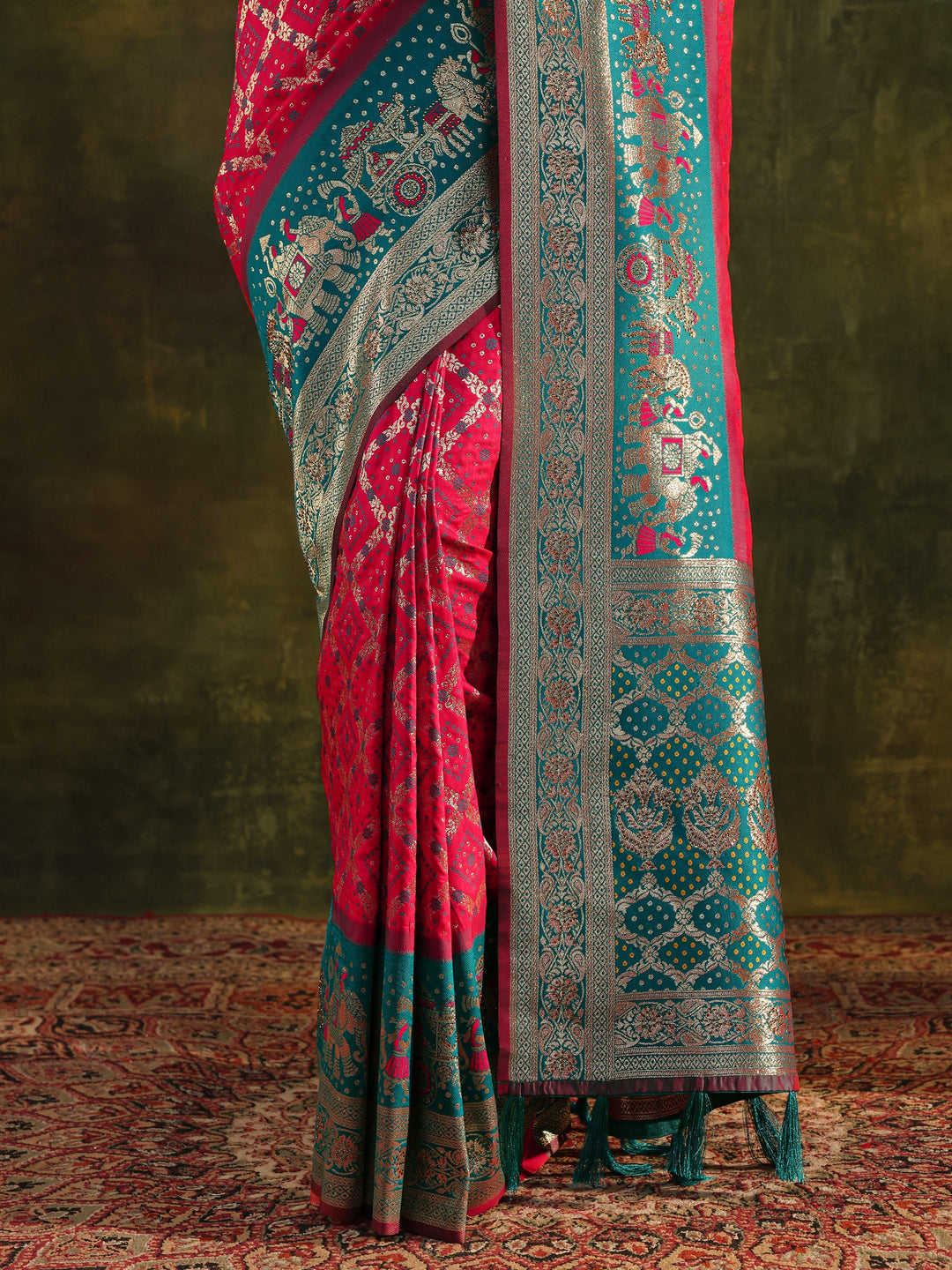  Pink Gharchola Woven Design Silk Blend Saree With Unstitched Blouse Piece 