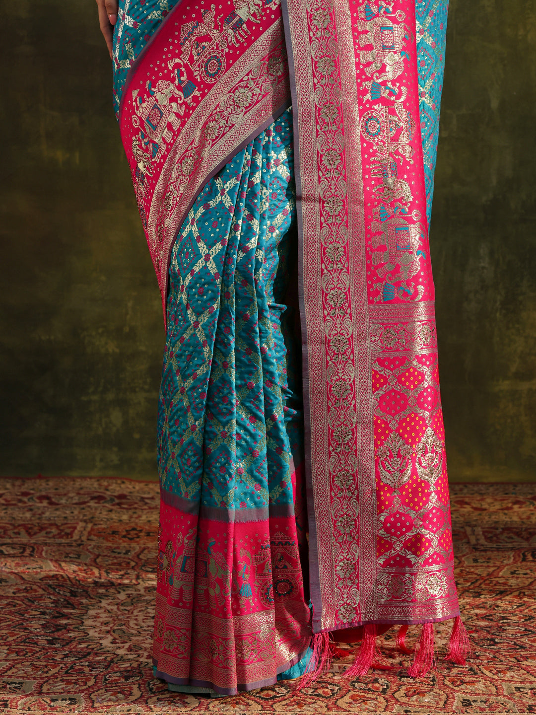 Blue Gharchola Woven Design Silk Blend Saree With Unstitched Blouse Piece 